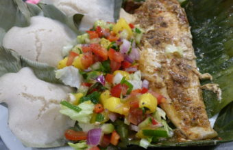 Baked Fish with Roasted Bell Pepper Chilli Sauce in Banana Leaf